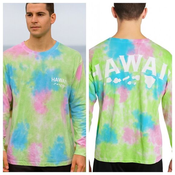 Hawaii Tie Dye Long Sleeve Spirit Jersey Pastel Rainbow Graphic Shirt Unisex L - Picture 3 of 5